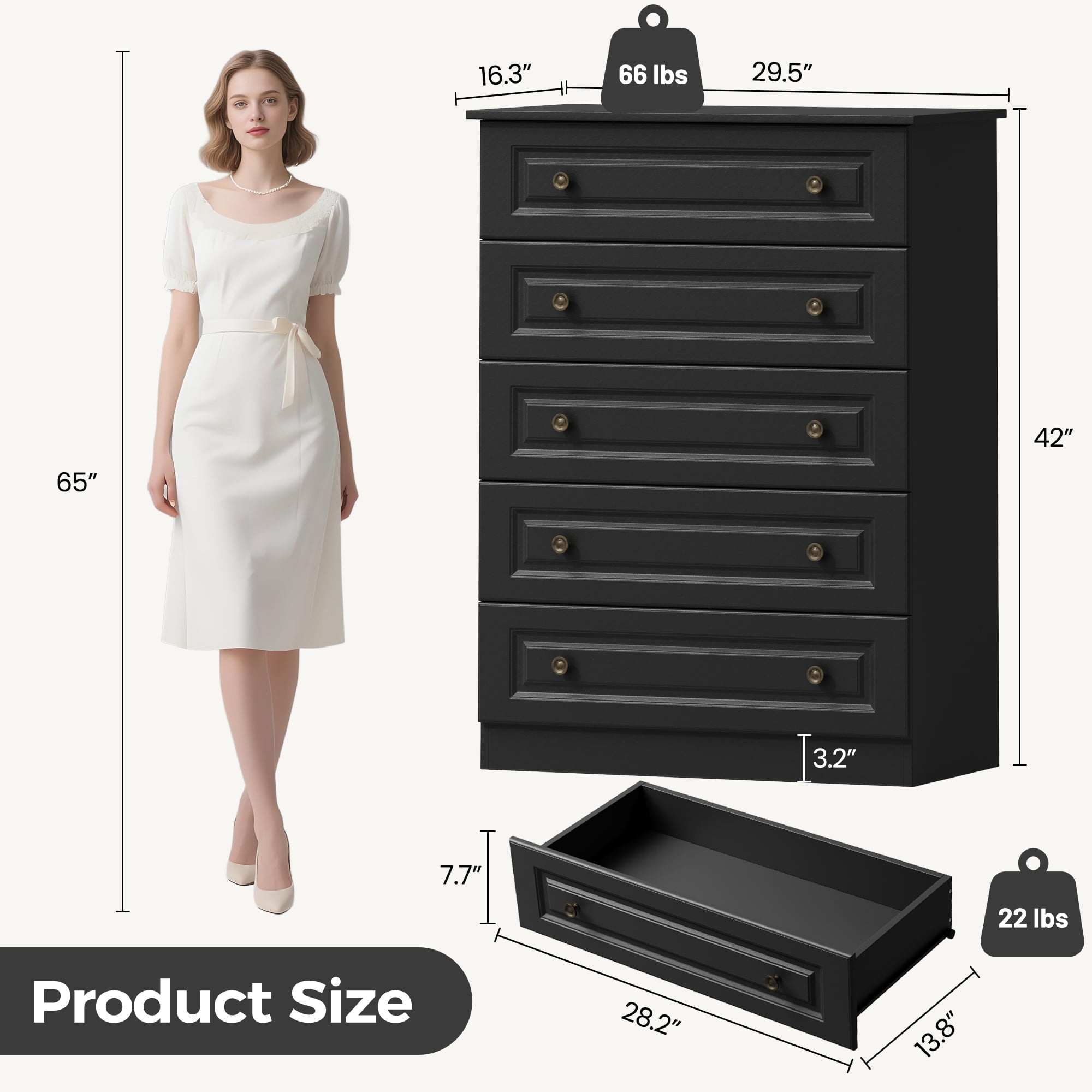 NEGYLIM 5 Drawer Dresser Tall, Modern White Chest of Drawers with Anti-Tip, Large Storage for Bedroom, Hallway, Entryway, (Black)
