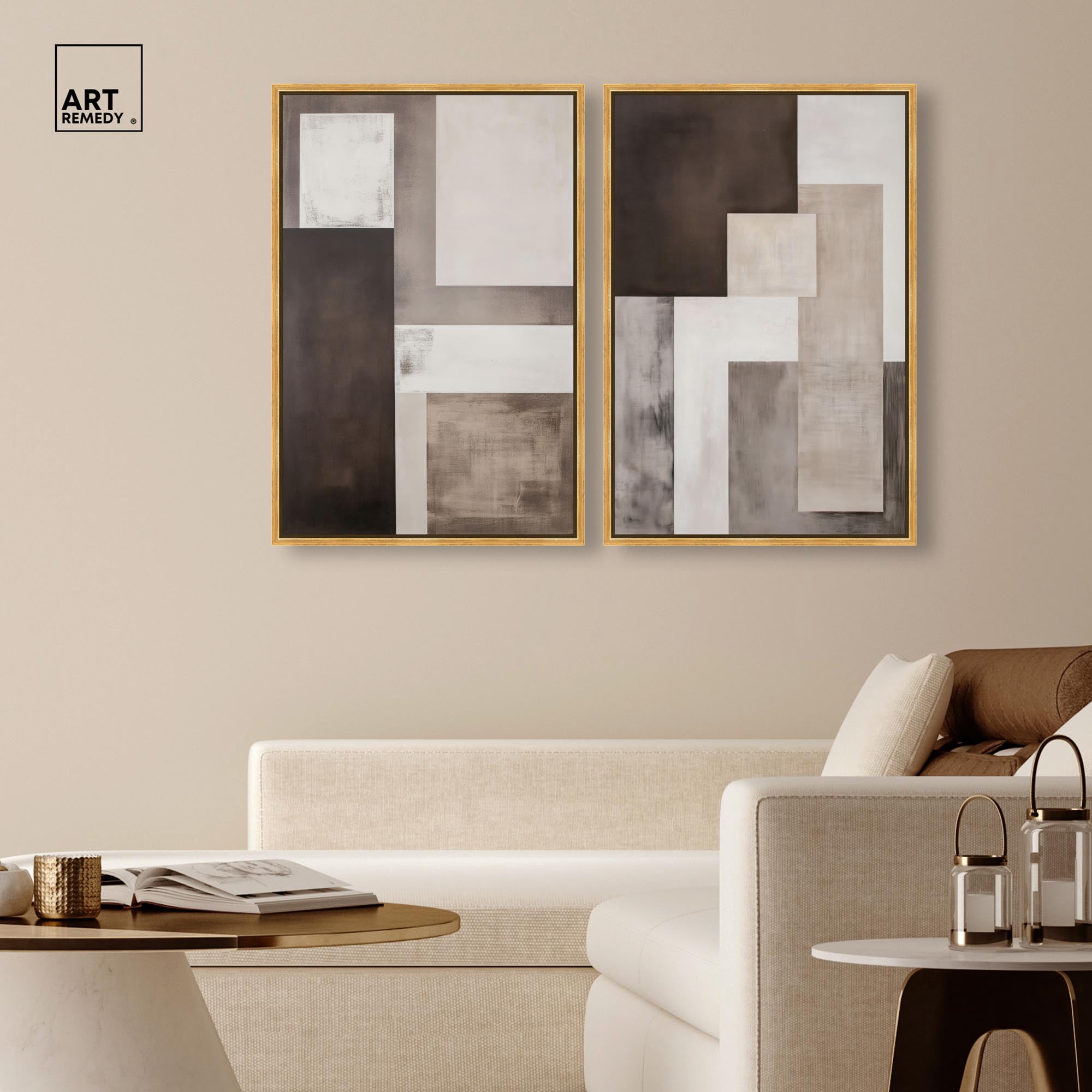 Quiet Geometries Set Canvas Print Brown Wall Art Set by Art Remedy, Gold Frame, 20 x 30