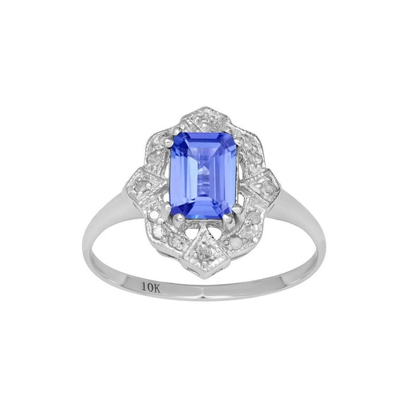 10k White Gold Vintage Style Genuine Emerald-Cut Tanzanite and Diamond Ring