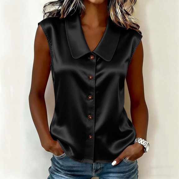 Yrmaups Loose Fit Sleeveless Button Down Blouse for Women, Plus Size Casual Satin Top, Soft Flowy Tunic for Travel Office Home Daily Wear, Black 2XL