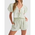 thumbnail image 5 of Women Y2k Two Piece Plaid Lounge Sets Puff Sleeve Tie Front Blouse Top Shorts Pajamas Set Green L, 5 of 7