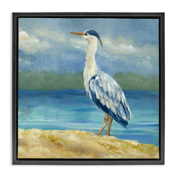 Stupell Industries Heron on Cloudy Beach Nautical & Beach Painting Black Floater Framed Canvas Art Print Wall Art, 18 x 18