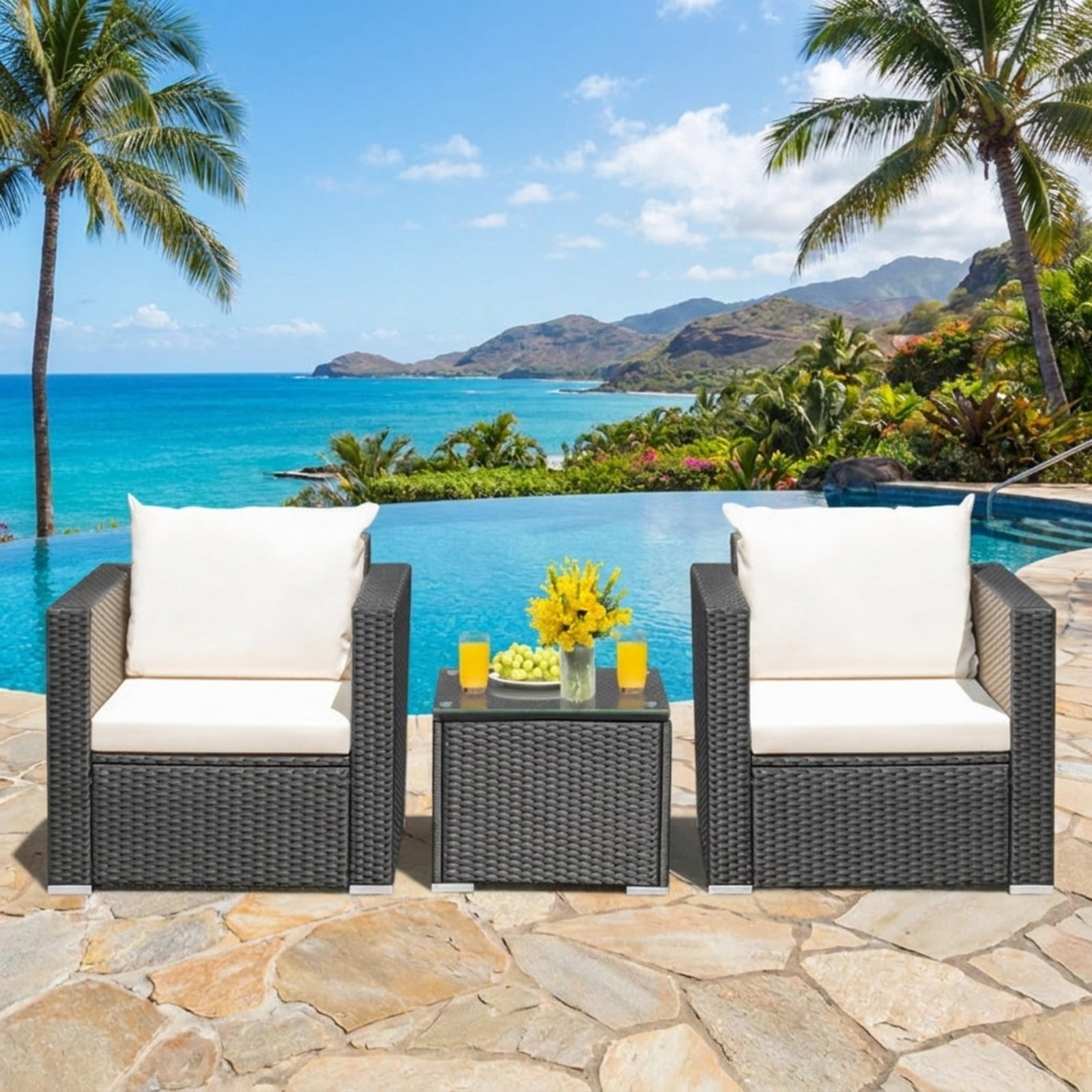 Biotree Patio Furniture Set 3 Piece Wicker Conversation Set with cushions and glass table outdoor conversation set for garden backyard porch balcony, White