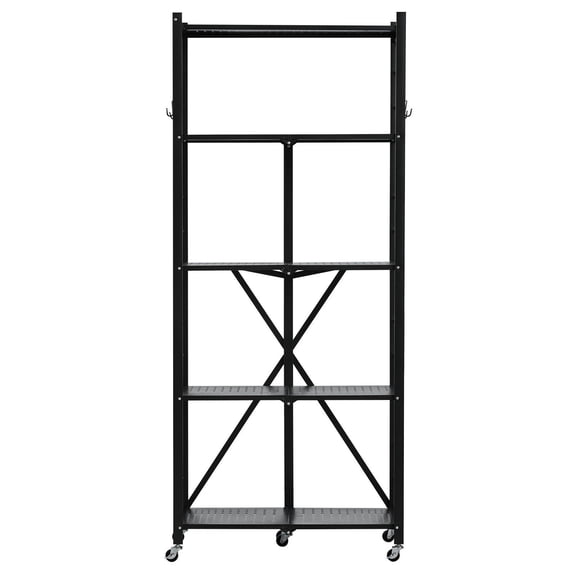 5-Tier Rolling Storage Rack,28" Wide Foldable Metal Shelf Unit with Wheels&Hooks for Kitchen,Garage,Pantry Organization,Black