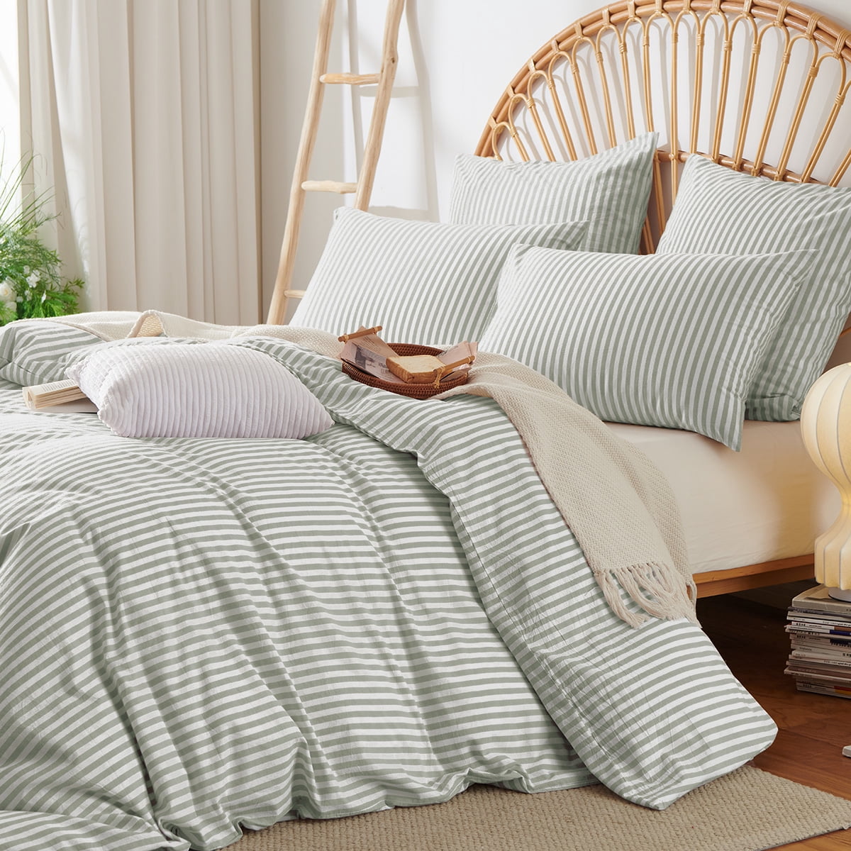 JOLUSERE 100% Organic Cotton Striped Duvet Cover King Set, 3-Piece Linen Like Textured Breathable Bedding Cover(Sage Green& White Classic Stripes)