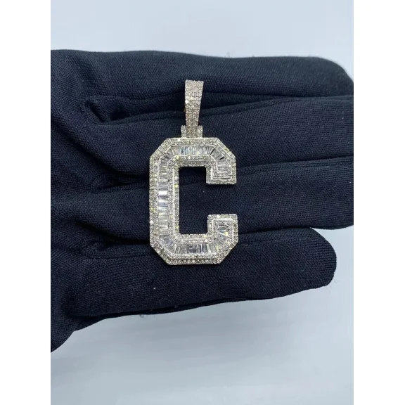 14k White Gold Plated 3TCW Lab Created Diamond initial C Men's Pendant 1.5 inch