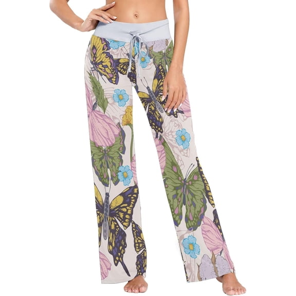 GZHJMY Women's Pajama Pants Butterflies and Flowers Comfy Stretch Sleepwear Essentials womens Lightweight Lounge Terry Pajama Pant, Large