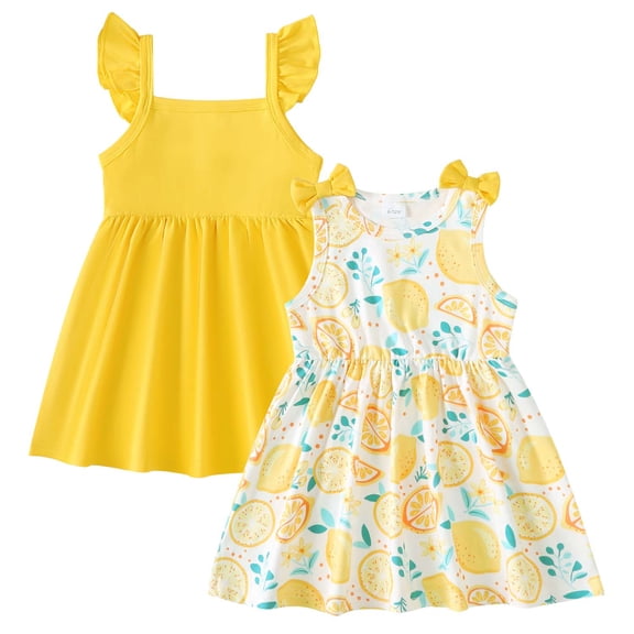 Kucnuzki 2T Toddler Girl Summer Dress 2 Packs 3T Sundress Halter A-line Dresses Lemon Print Solid Color 2pcs Casual Dresses Clothes Yellow