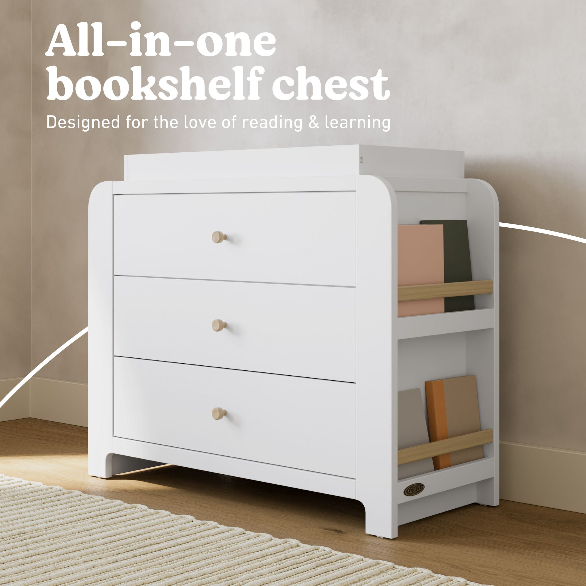 Graco Read-with-Me 3 Drawer Chest with Bookshelves and Removable Changing Topper, White with Driftwood