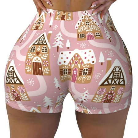 Workout Shorts Women  Gingerbread Houses Pink Wonderland Biker Shorts for Women Running Gym Spandex Shorts Tummy Control