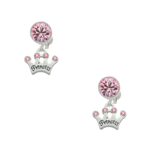 Delight Jewelry Silvertone Small ''Princess'' Crown with Pink Crystals Pink Crystal Clip on Earrings