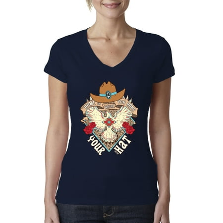 Wild Bobby Home Is Where You Hang Your Hat Country Eagle Pop Culture Women Junior Fit V-Neck Tee  Navy  X-Large