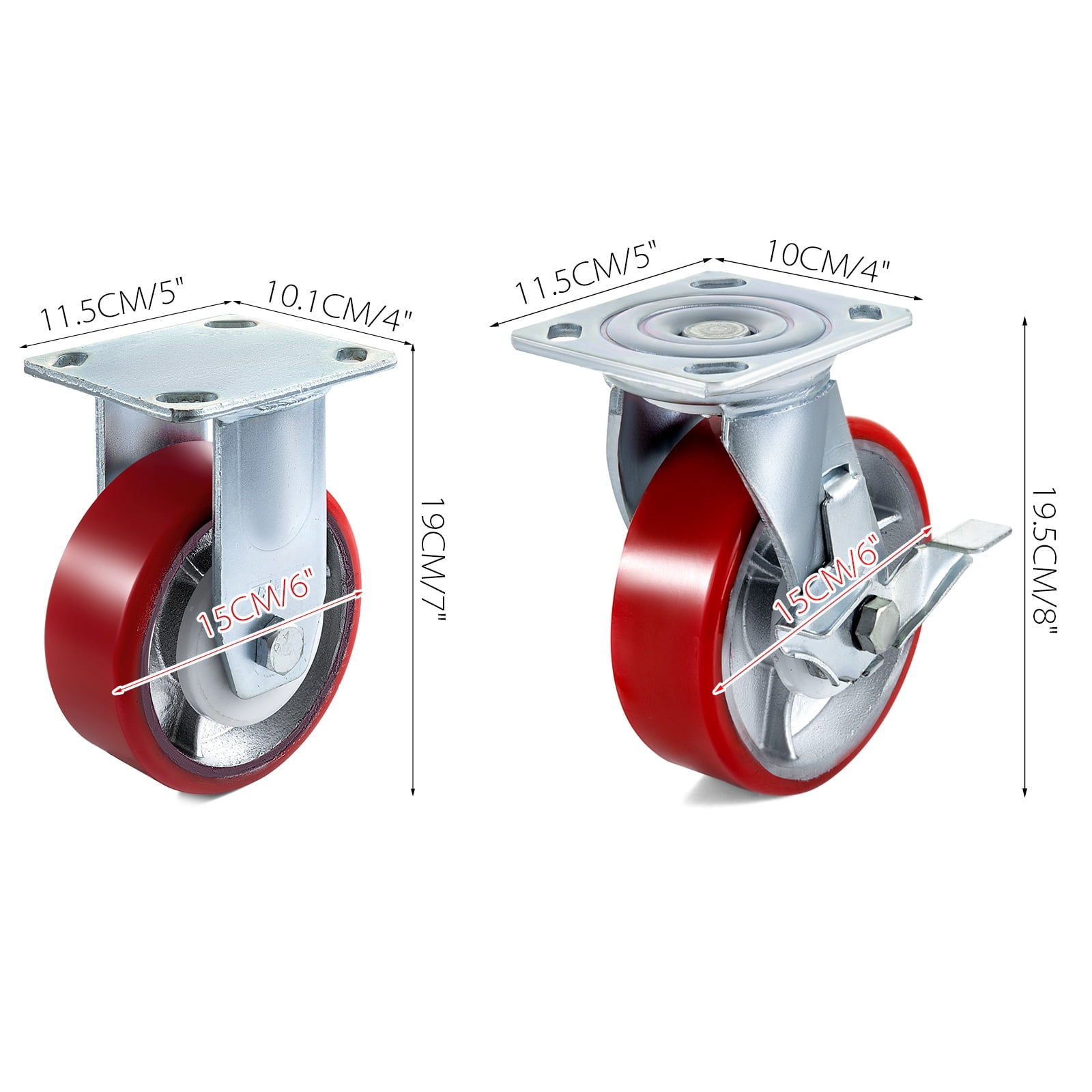 VEVOR 4 Pack 6" Heavy Duty Caster Wheels 2 Rigid and 2 Swivel Casters with Side Brake Polyurethane Iron Core Plate 1000LBS Capacity Per Wheel