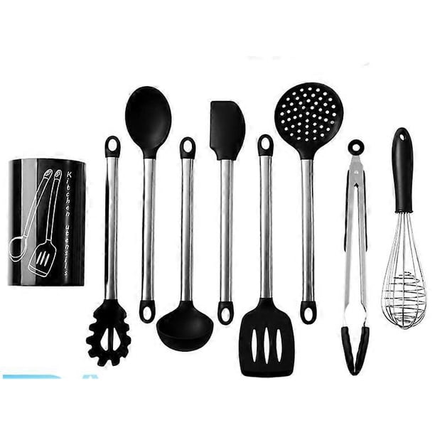 Kitchen Utensils 9 pcs Silicone Cooking Utensils, Non-Stick and Scratch Proof with Storage Jar, Stainless Steel Cooking Utensils All Have Silicone Spa