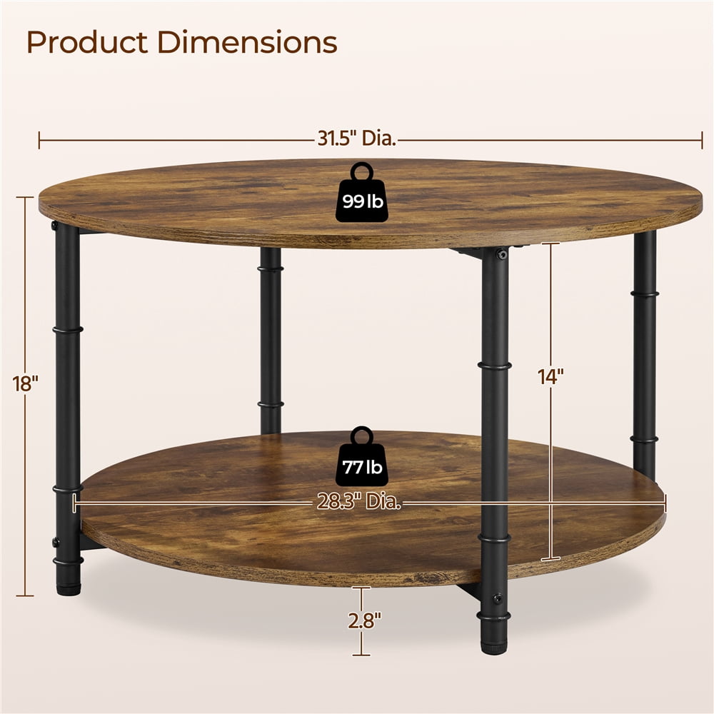 Yaheetech 2 Layer Vintage Round Coffee Table with Storage Shelf, Rustic Brown