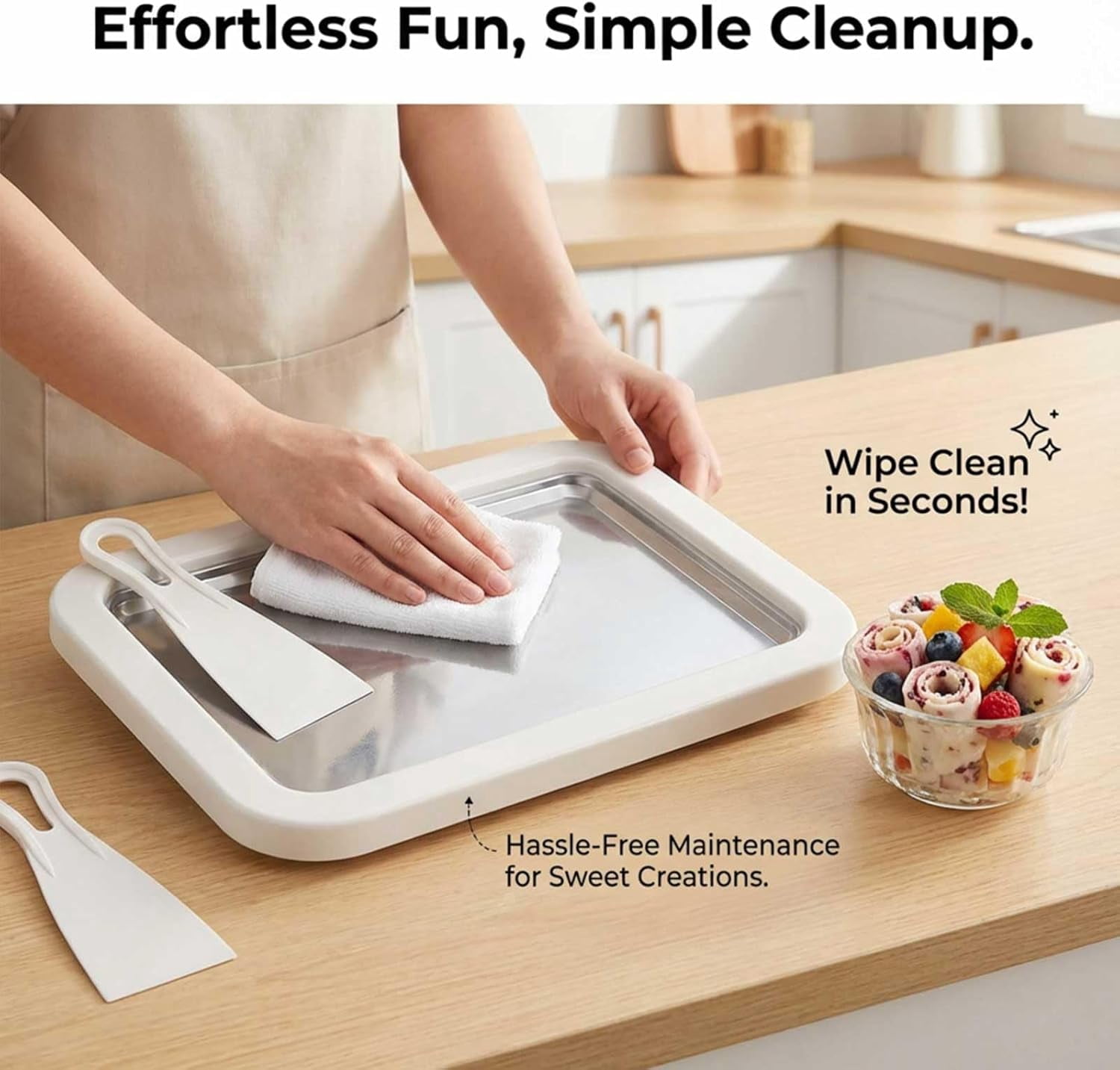 Rolled Ice Cream Maker Kit DIY Ice Cream Roll Tray with 2 Scrapers No Electricity Stainless Steel Freezing Plate for Frozen Yogurt Sorbet White
