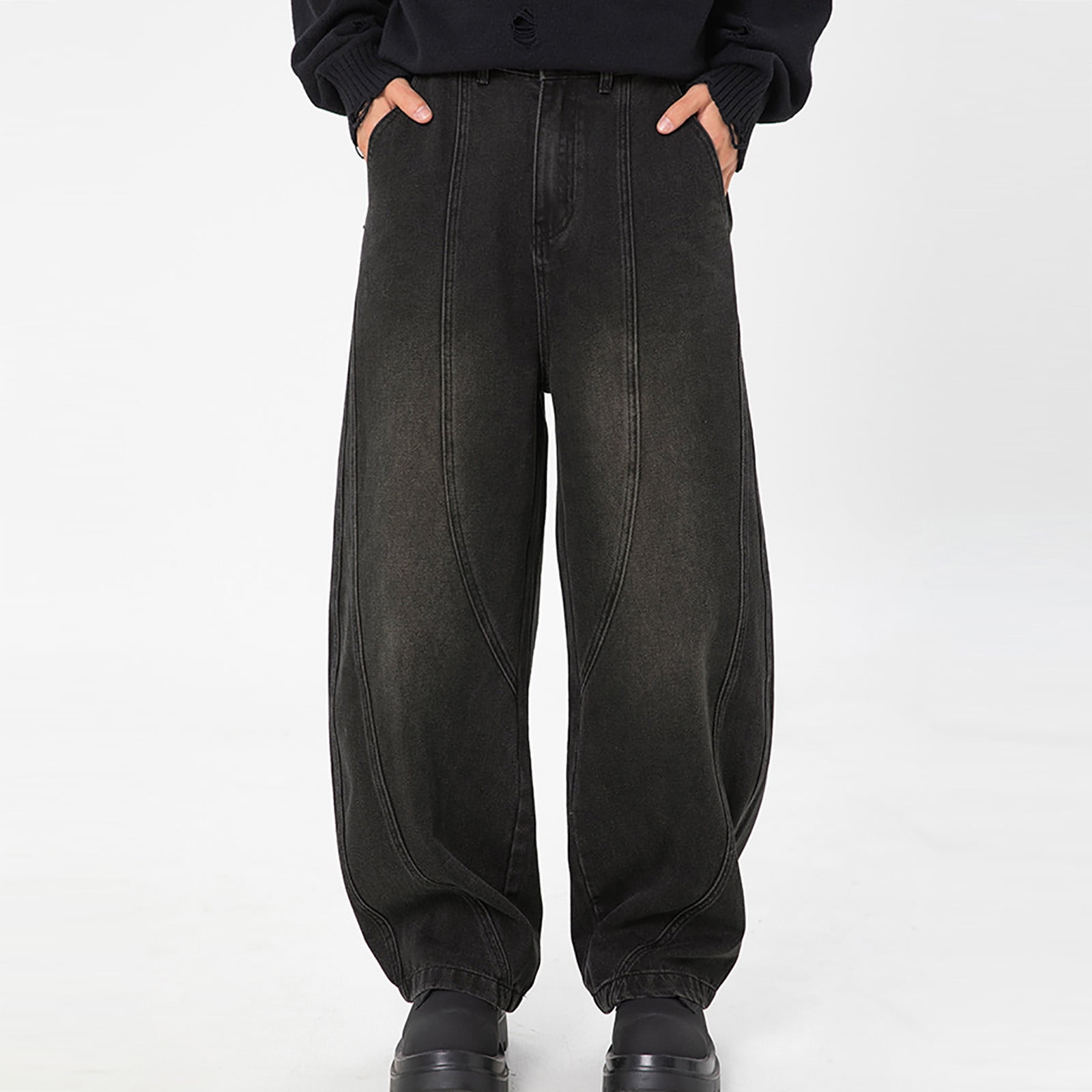 HOOMEUMY Relaxed Straight Men Male Vintage Baggy Jeans Retro Washed Workwear Jeans Casual Loose Pants Casual Denim Pants Black 10