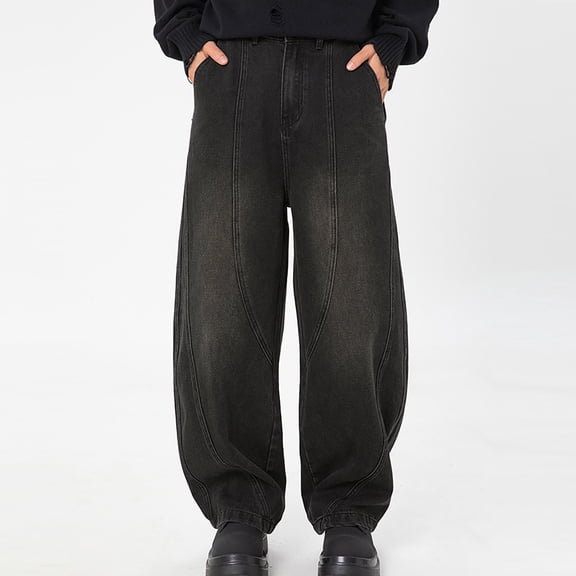 Miqool Men's Y2k Hip Hop Baggy Jeans Wide Leg Denim Pants Casual Loose Fit Long Trousers Streetwear(Black, L)