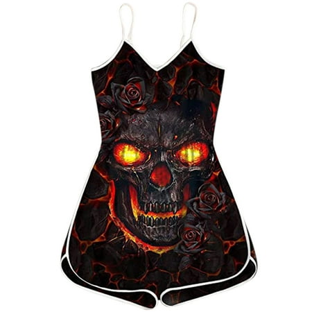

Womens Summer Loose V Neck Spaghetti Strap Skull Print Short Jumpsuit Rompers