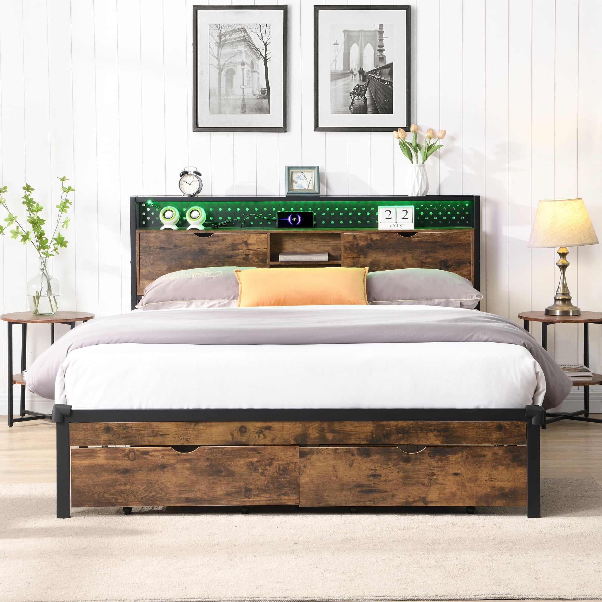 Leumius Queen Size Bed Frame with LED Lights, Industrial Platform Bed with Charging Station & 2 Drawers & Storage Shelf, Queen