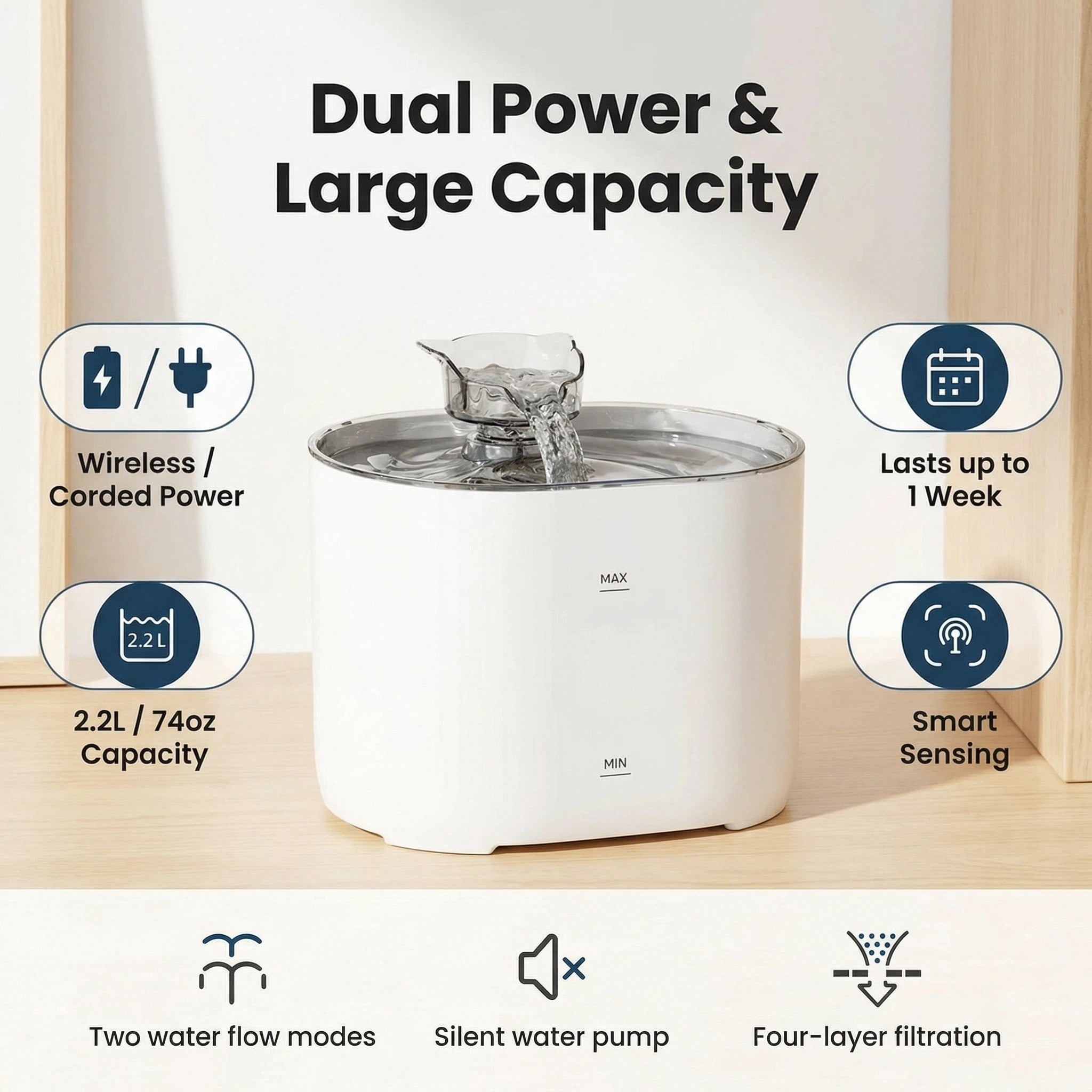 Zengdainm Cat Fountains for Drinking,74Oz/2.2L Pet Cat Water Fountain, Corded Automatic Water Dispenser for Cats Dog