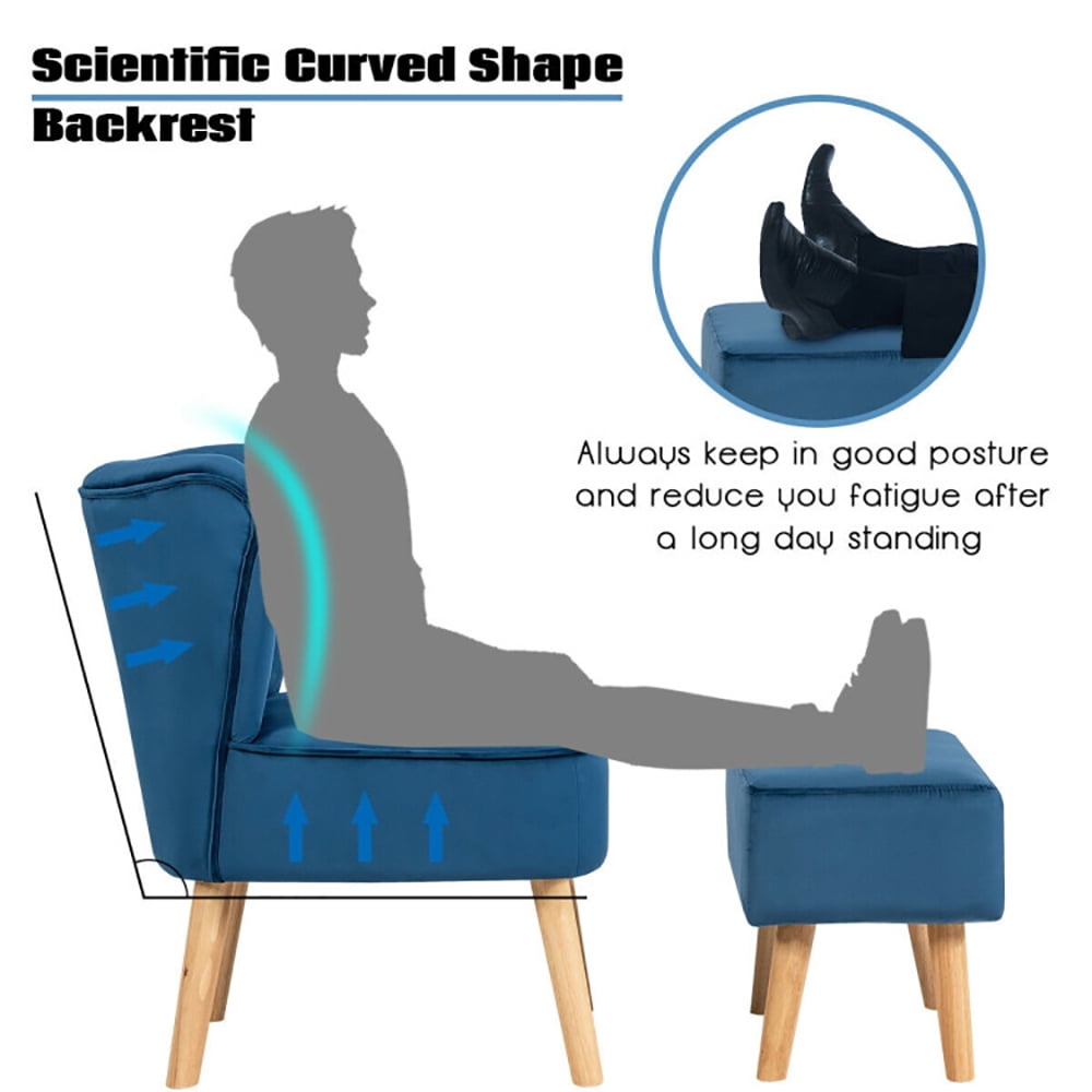 Finihen Velvet Accent Chair, Modern Accent Chair Ottoman Set with Footstool, Thickly Padded, for Living Room, Bedroom, Blue