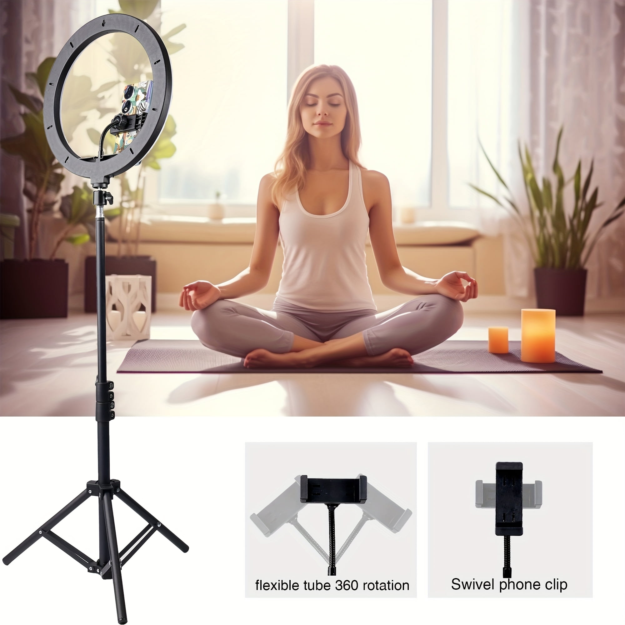 General LED Selfie Ring Light Kit with Dual Phone Stand - 3 Color Modes, 12 Brightness Levels, USB Powered - Ideal for Makeup, Photography & Video, Selfie Stick for Phone