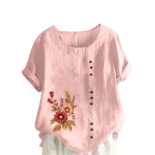 Camisetas de Manga Corta para las Mujeres Impreso Botón de Manga Corta Camiseta Blusa Poliéster, Ropa Casual Mirar Superior para las Mujeres