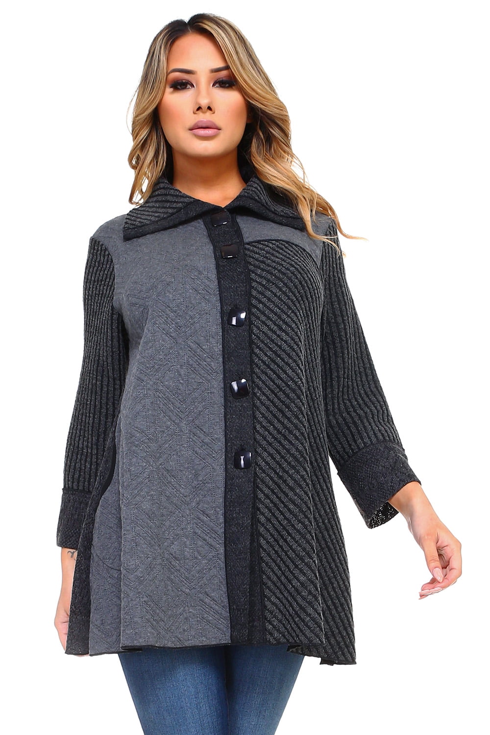 Jessica Moretti Women's Gray Multi-Pattern Button Down Cardigan Jacket, Size: Large