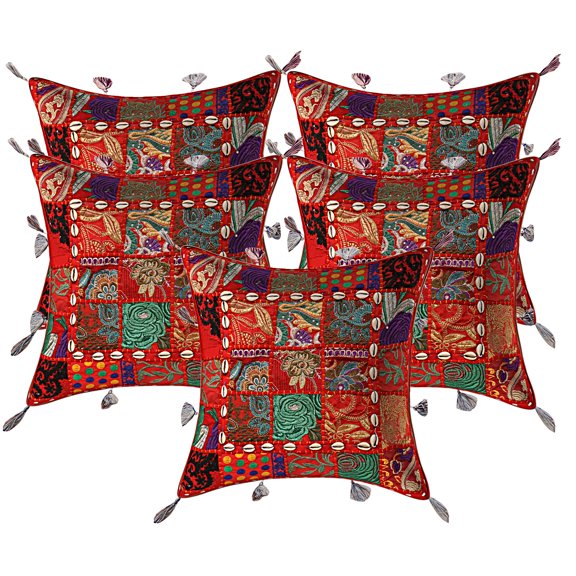 Stylo Culture Ethnic Sofa Throw Pillow Covers 17 x 17 Embroidered Patchwork Cowry Sea Shell Tassels Red Bohemian 43x43 cm Living Room Cotton Floral Square Cushion Covers | Set Of 5