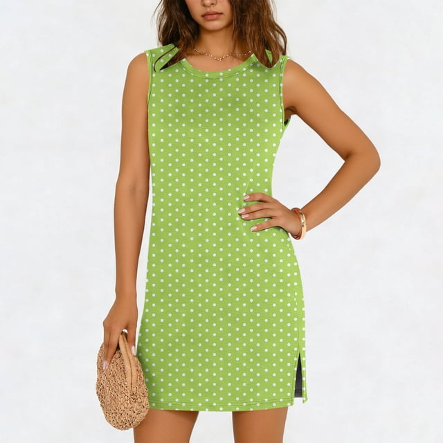 TaTaai Women's Casual Pullover Dress Sleeveless Round Neck Solid Color Slip Dress with Side Slit Lightweight Stretchy Summer Wear Gift