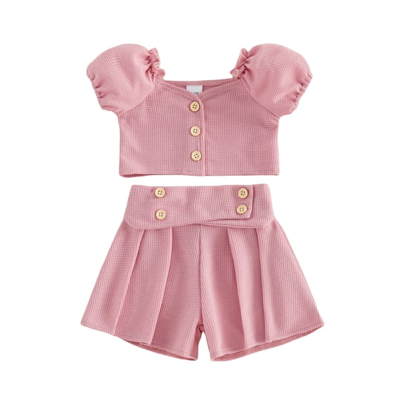 Cenuakty Toddler Newborn 6M 12M 18M 24M 2T 3T Girl Summer Outfits Solid Color Short Sleeve Buttons Waffle Tops and Pleated Shorts 2Pcs Clothes Set