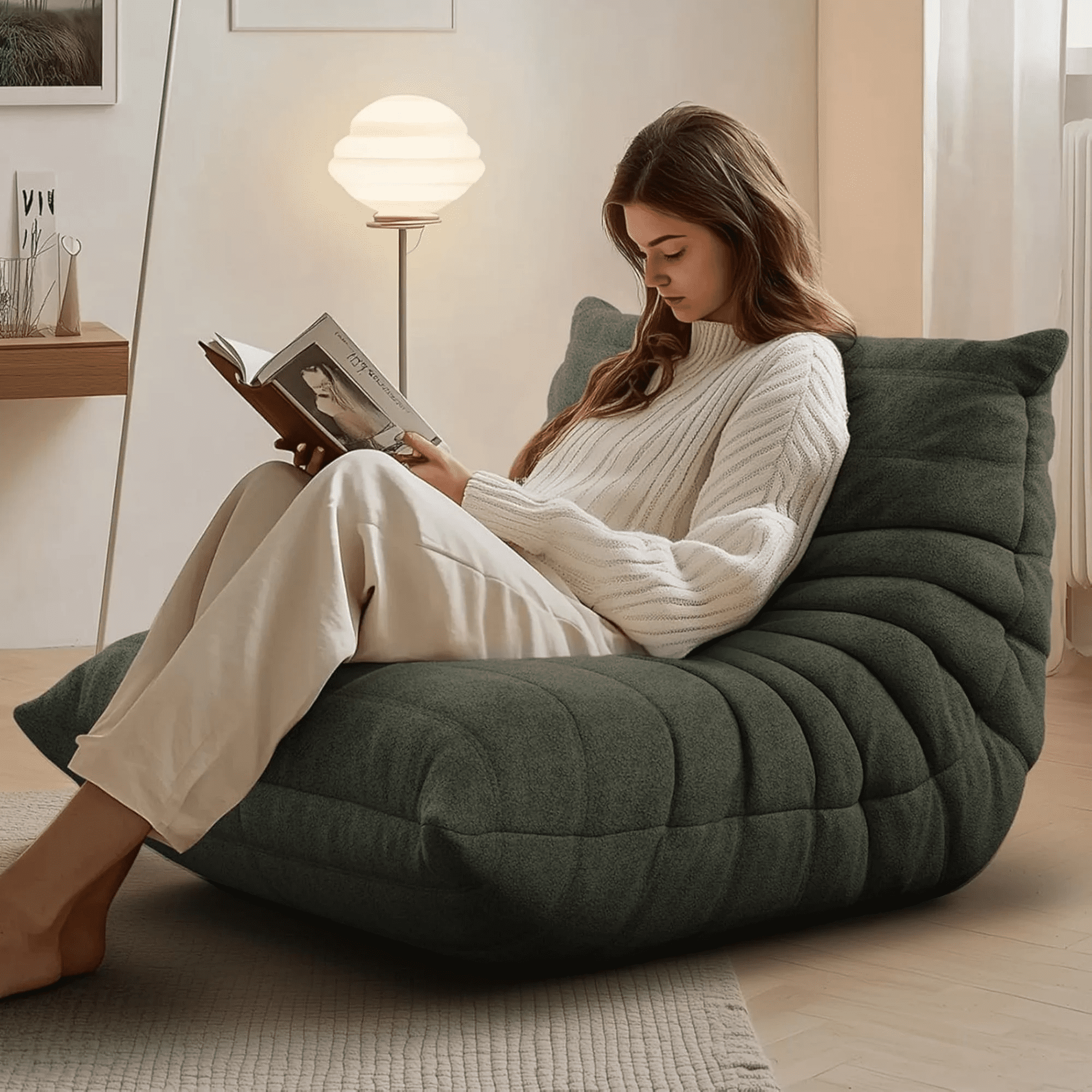 Cottinch Bean Bag Chair, Large Memory Foam Sofa for Adults, Fireside Chair Lounger Lazy Floor Sofa Couch for Living Room, Bedroom, Office, Green