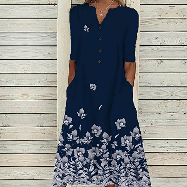 ICHUANYI ClearanceFashion Women Summer Printing Causal V-Neck Button Short Sleeve Vacation Pockets Dress(Navy, S) ICHUANYI WER20232080506040