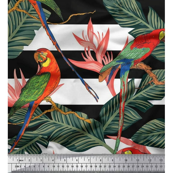 Soimoi Cotton Duck Fabric Tropical Leaves,Stripe & Parrot Bird Fabric Prints By Yard 42 Inch Wide