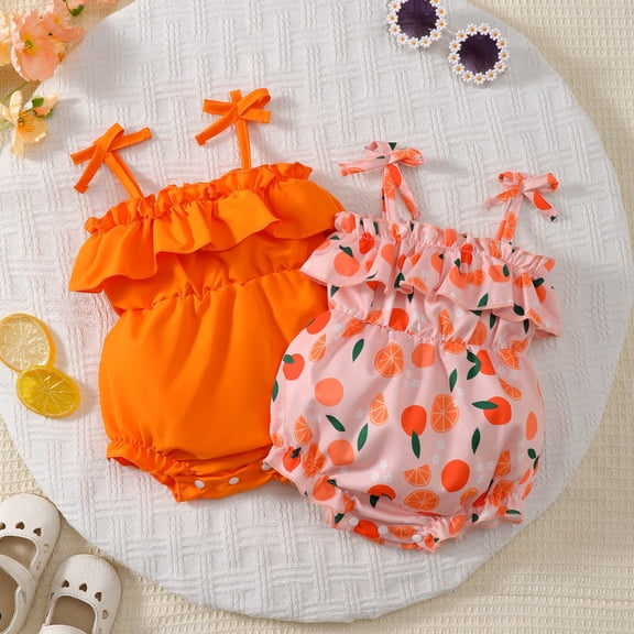 Bovxnpu Baby Girls' Bodysuits 2PC Short Sleeve Orange Graphic Infant Bodysuit Ruffled Sling Style Summer Summer Outfits
