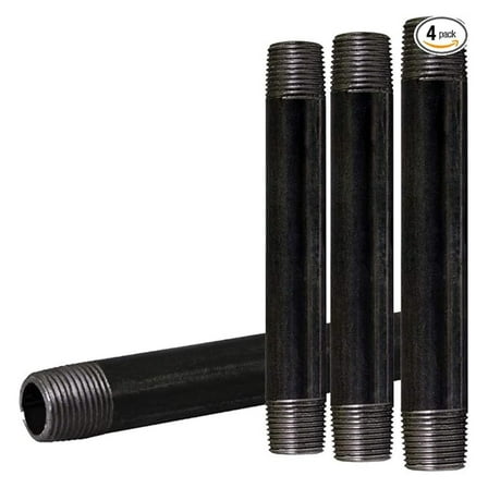 1/2 x 9 Inch Black Steel Pipe (4-Pack), Heavy Duty Industrial Malleable Iron Pipes, Pre Cut Threaded Nipple Great For All DIY Furniture And Black Pipe Shelving