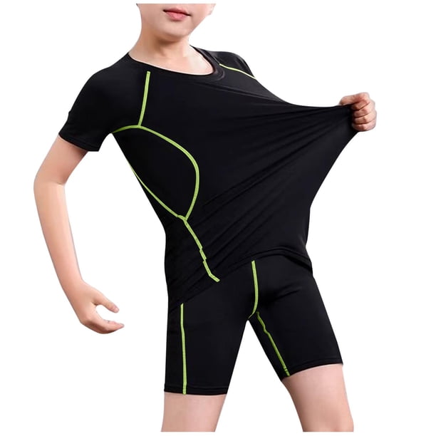 Conjunto de Capa Base de Niños Unisex Niño Traje de Baño de Lado Dividido con Protección, de Alta Elasticidad de Dos Piezas de Manga Corta Y Pantalones Cortos, Conjunto de Entrenamiento Negro para De