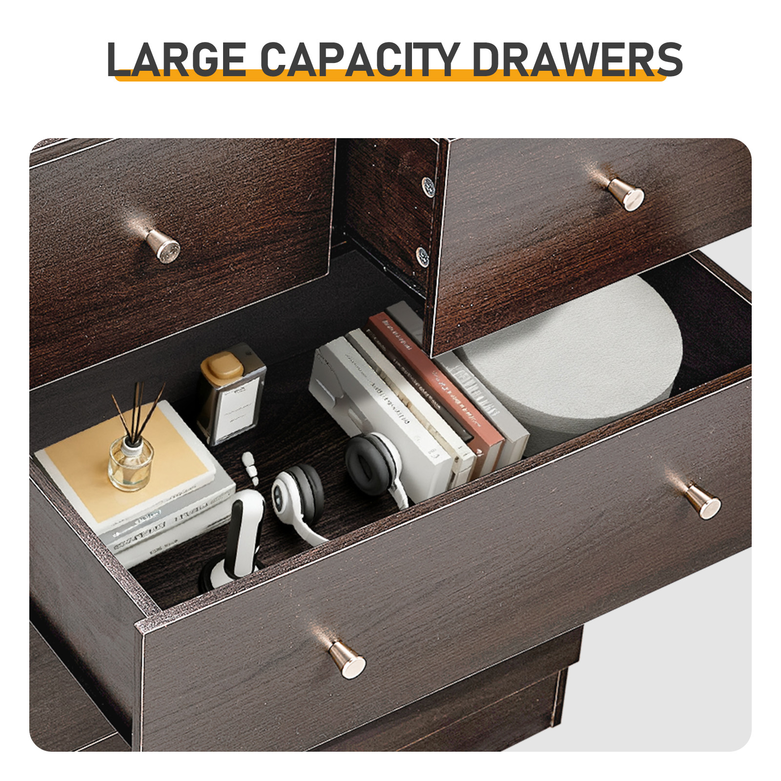 7 Drawer Cabinet, Matte Gold Handles Textured Linen Melamine Particle Board Cabinet, Tall Space-Saving Storage Organizer for Bedroom Office Living Area