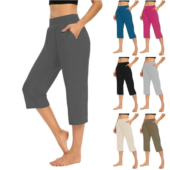 VEKDONE Capris for Women Elastic High Waist Stretch Yoga Crop Pants Summer Dressy Lounge Capri Pants with Pockets Solid Color Loose Fit Lightweight Straight Trousers