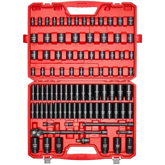 VEVOR 1/2 in Drive Impact Socket Set, 91 Piece, 6 Point Deep & Shallow Impact Sockets, SAE (5/16 to 1-1/4 in) and Metric (8 to 32 mm) Sizes with Extension Bars (3, 5, 10 in), Cr-V Steel,Carrying Case