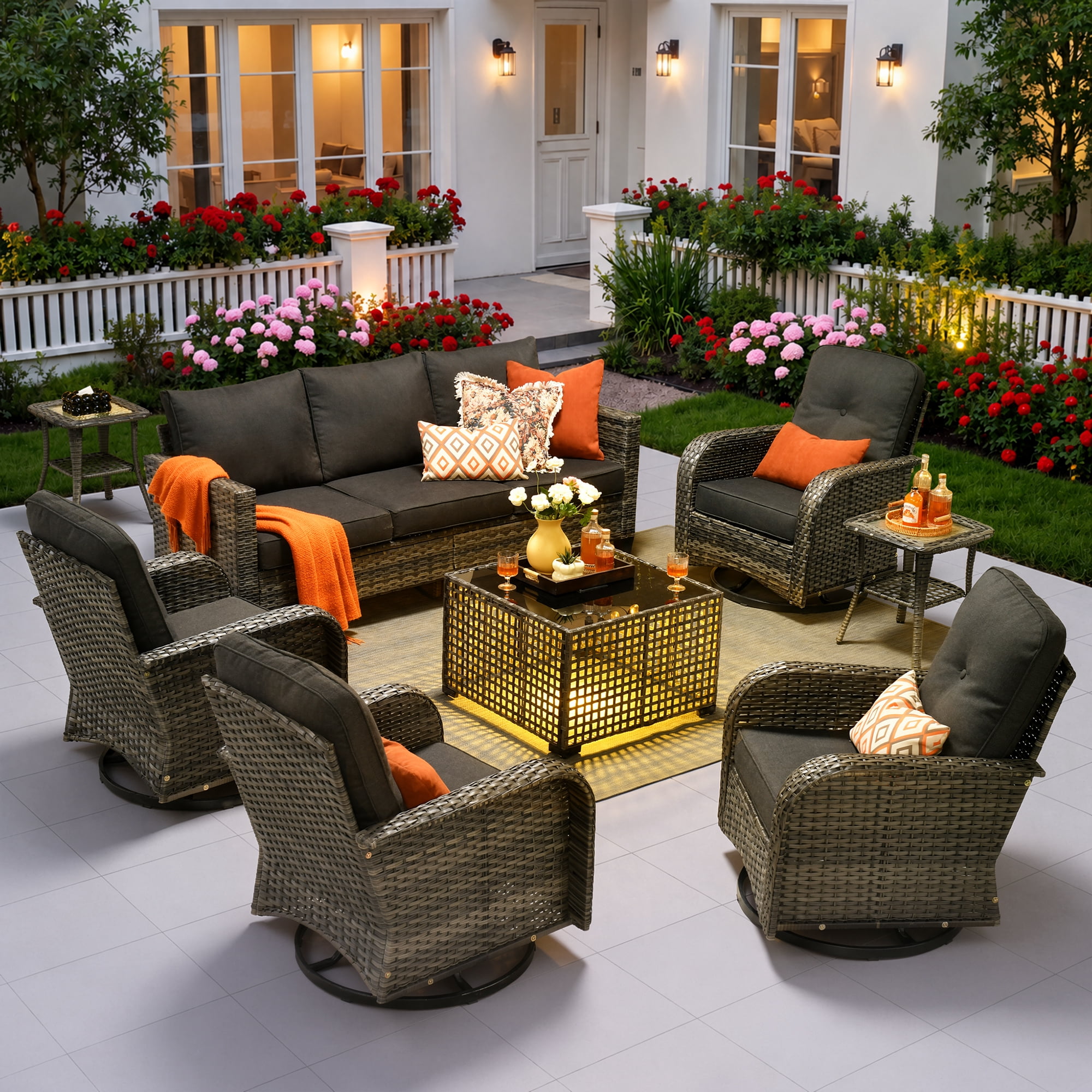 Ovios 8 Pieces Patio Furniture Set Outdoor Conversation All-Weather Rattan Sectional Sofa with Swivel Chairs & Solar Light Table