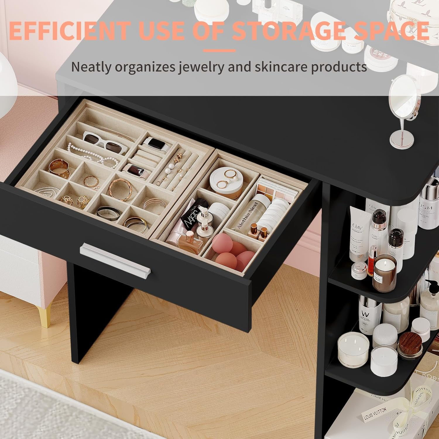 Makeup Vanity Desk with Mirror and Lights, NEORIVER Black Vanity Mirror with Lights with Large Drawer and 6 Level Storage, Black Vanity with Large Led Mirror with 3 Color Lighting Modes
