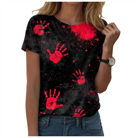 YDFCWXW Women's Graphic T-Shirts Stain Hand Shirt Shirts Halloween Movie Tees Hot Pink, M