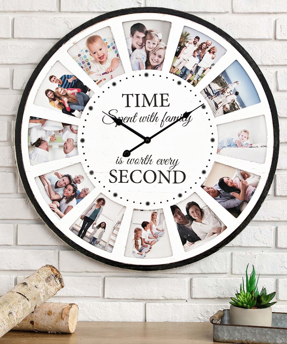 MODE HOME 12 Photo Collage Family Quote Wood Wall Clock, Rustic Farmhouse Wall Clock, Large Oversized Wall Clock for Home, Kitchen, Living Room, Silent Battery Powered 24 inch White
