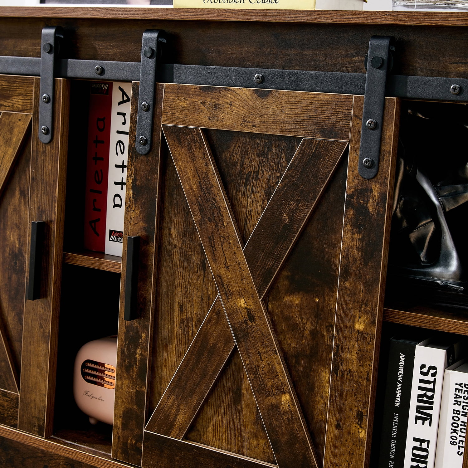 Kadyn Farmhouse TV Cabinet, MDF Floor Storage Cabinet with Two Sliding Barn Doors, Entertainment Center TV Console for Living Room, Rustic Brown Kadyn Farmhouse TV Cabinet, MDF Floor Storage Cabinet with Two Sliding Barn Doors, Entertainment Center TV Console for Living Room, Rustic Brown