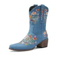thumbnail image 4 of Womens Floral Embroidered Denim Cowboy Boots Vintage Flower Pointed Toe Chunky Mid Heel Wide Calf Cowgirl Booties, 4 of 5