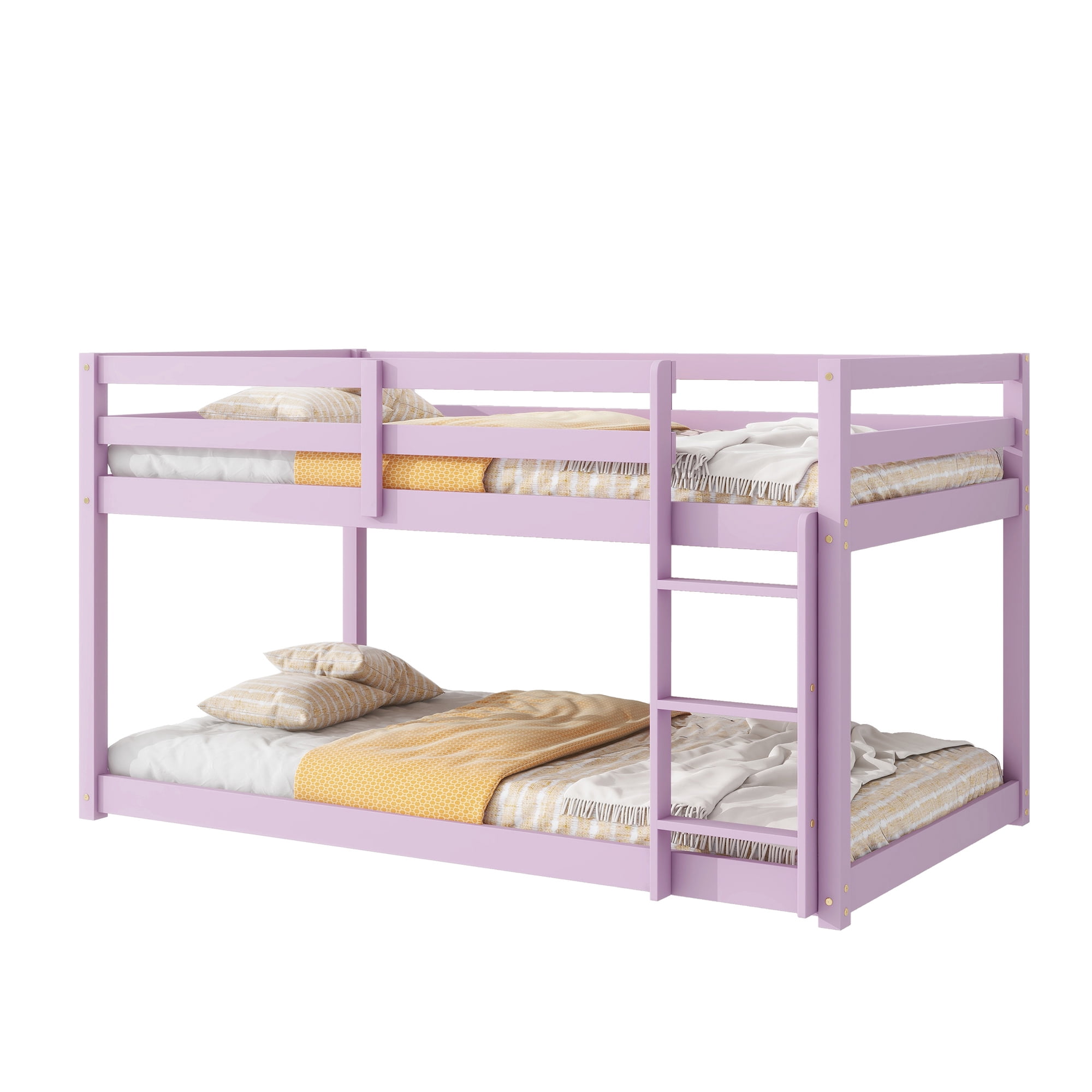 Leumius Twin over Twin Floor Bunk Bed with Ladder ,Upper and Bottom Bed Platforms Crafted with Strengthened Slats for Boys Girls Pink