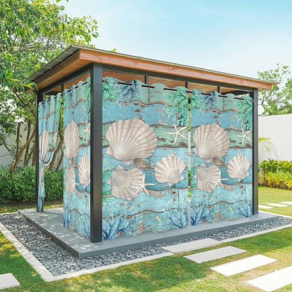 Coastal Shells Outdoor Curtains for Patio Waterproof, Grommet Outdoor Privacy Panels, Summer Beach Ocean Coral Teal Blue Wooden Weatherproof Outside Curtains for Porch/Cabana 54"Wx84"L, 2 Panel