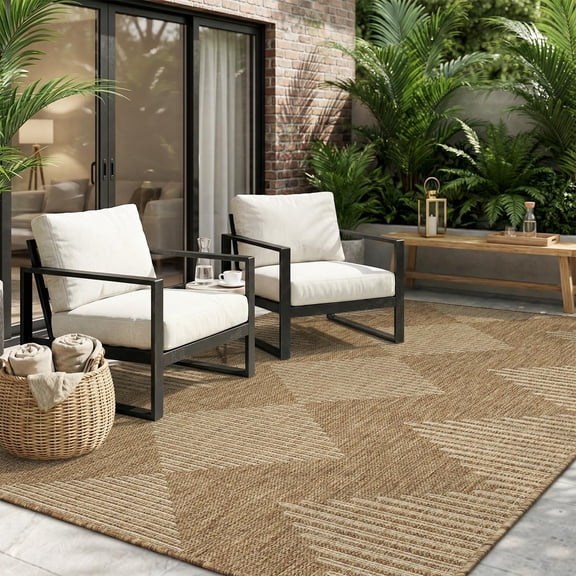 -Outdoor Rug Carpet Patio Rug 5x7 ft Polypropylene Indoor Outdoor Rugs for Patio Deck Balcony Porch, Textured Weave, Durable for High Traffic, Fade-Resistant, Boho Geometric Neutral Brown